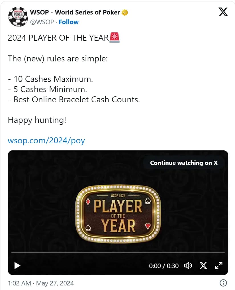 【EV扑克】WSOP年度最佳玩家评选规则发生新变化