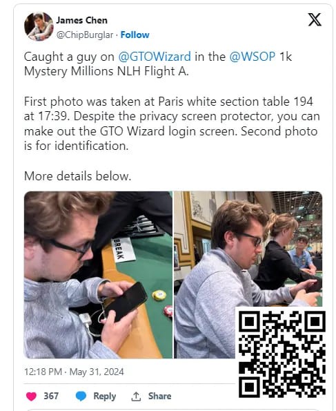 【EV扑克】趣闻 | 玩家在WSOP使用解牌程序的图片在网上疯传，引发大规模讨论