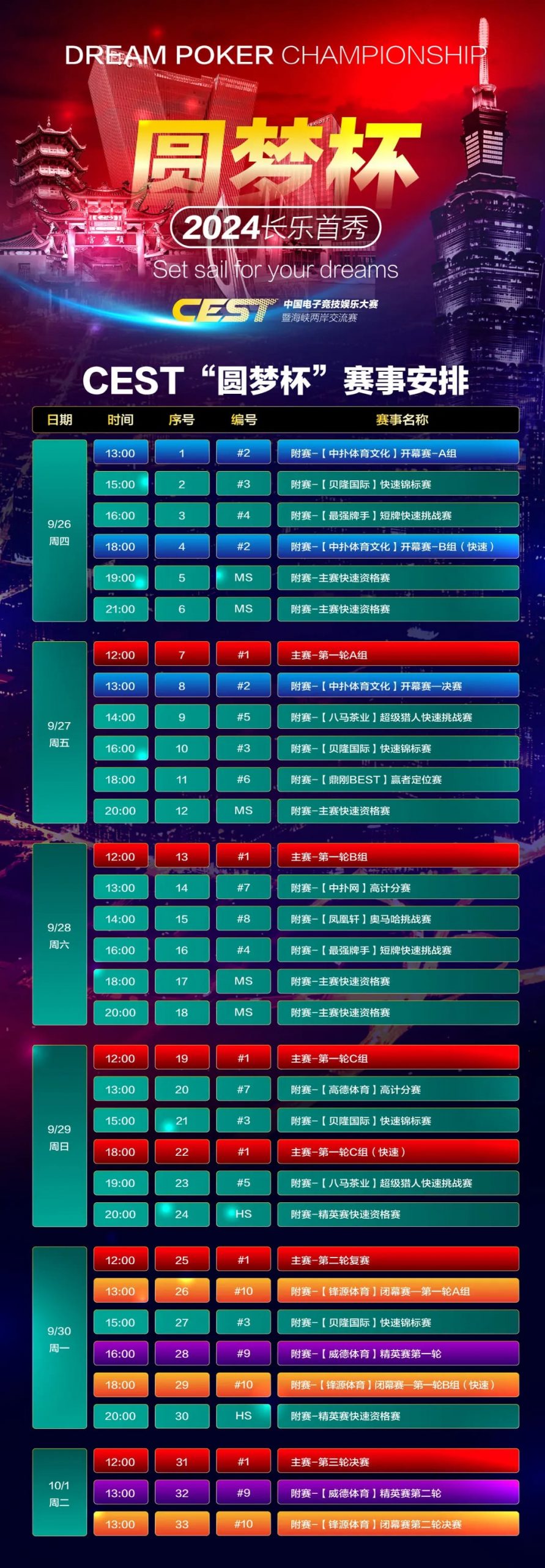 【WPT扑克】CEST“圆梦杯”长乐首秀｜赛程公布，两岸同梦，奏响电子与益智竞技的篇章！