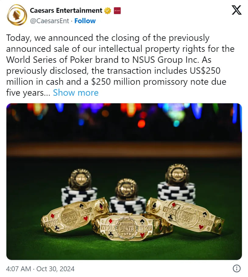 【EV扑克】交易完成：NSUS Group Inc以5亿美元收购WSOP 澳洲百万赛将于2025年4月回归