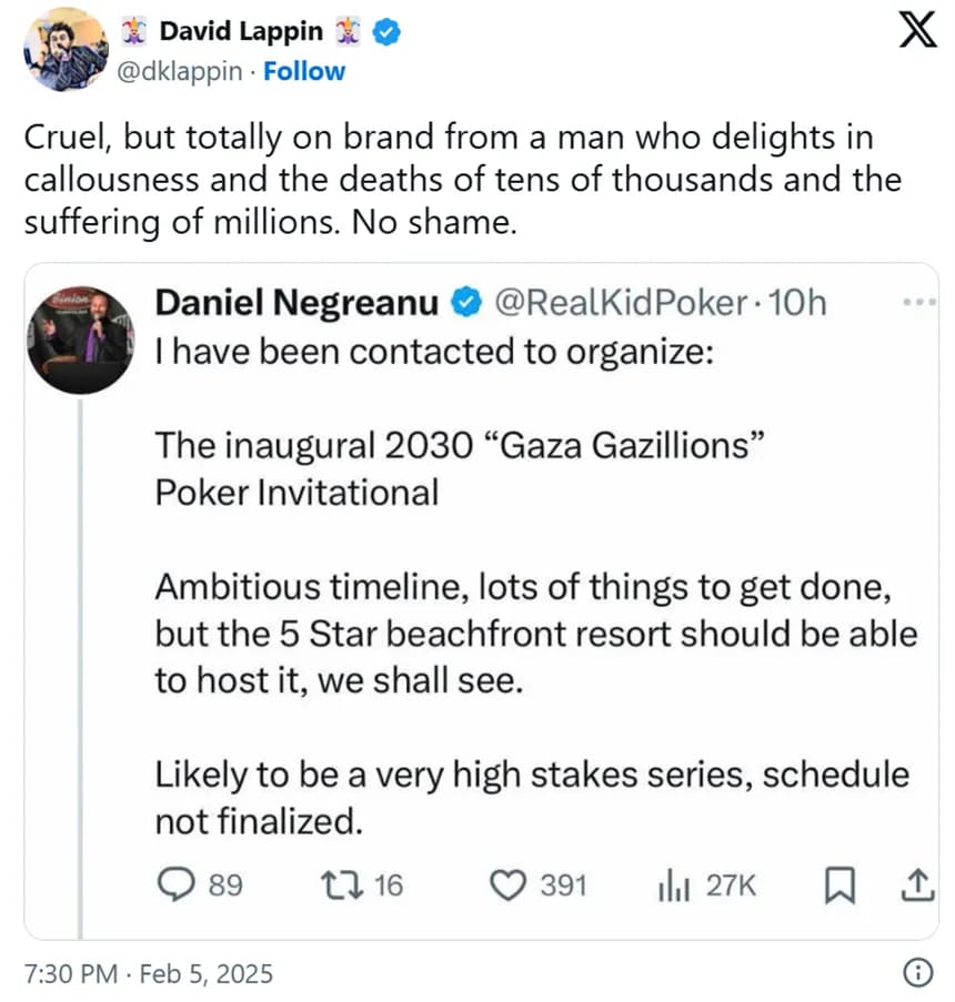 【EV 扑克】丹牛因加沙扑克赛推文引发众怒 Phil Hellmuth 即将推出伟大的广告作品