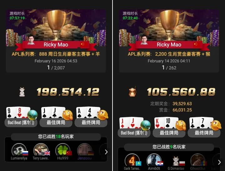 【EV扑克】APL春节激战!茅人及三天两冠狂揽33W奖励,国人接连冲击决赛桌!